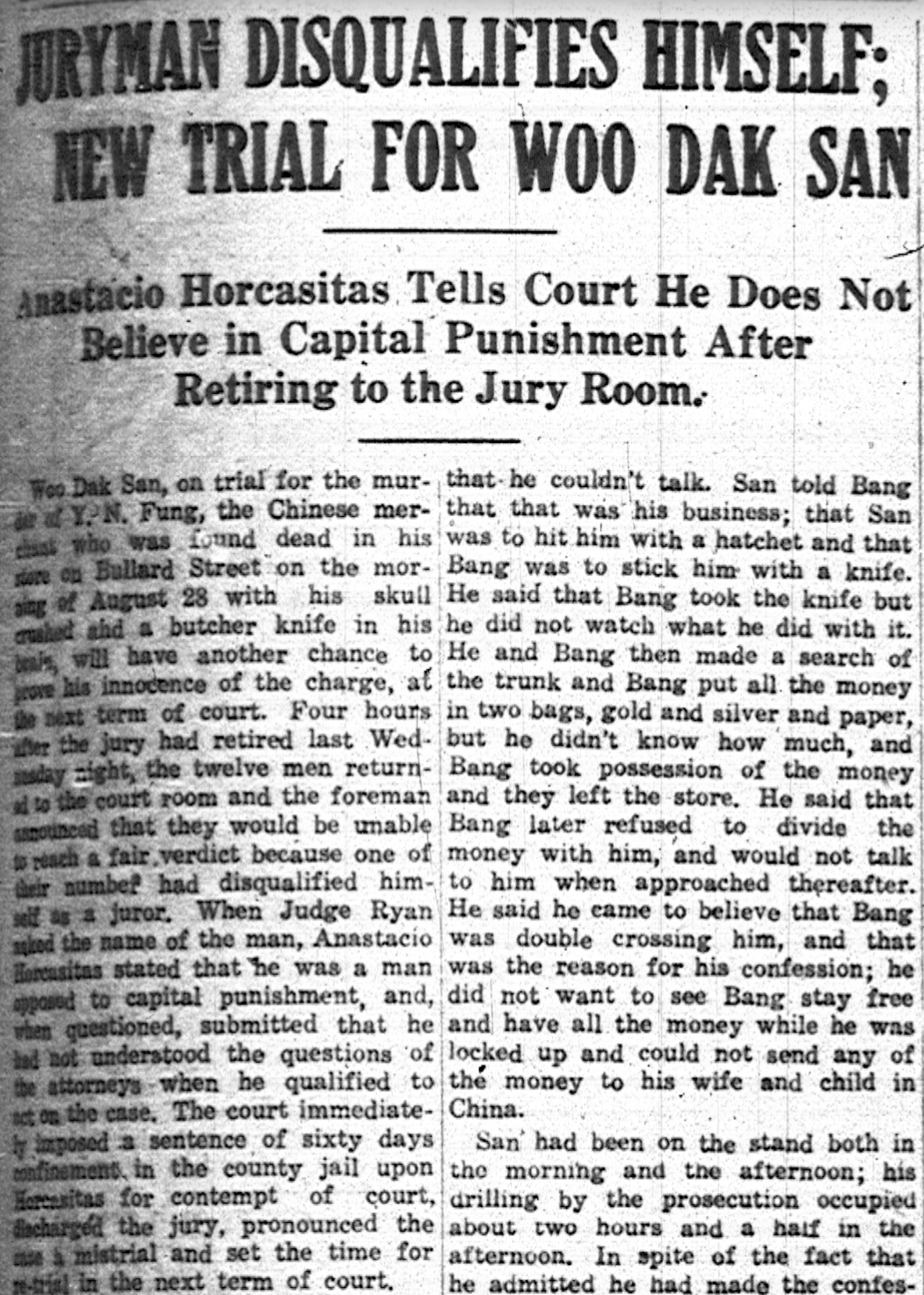 Juryman Disqualifies Himself; New Trial for Woo Dak San.[Source: The Silver City Enterprise] (September 18th 1925)